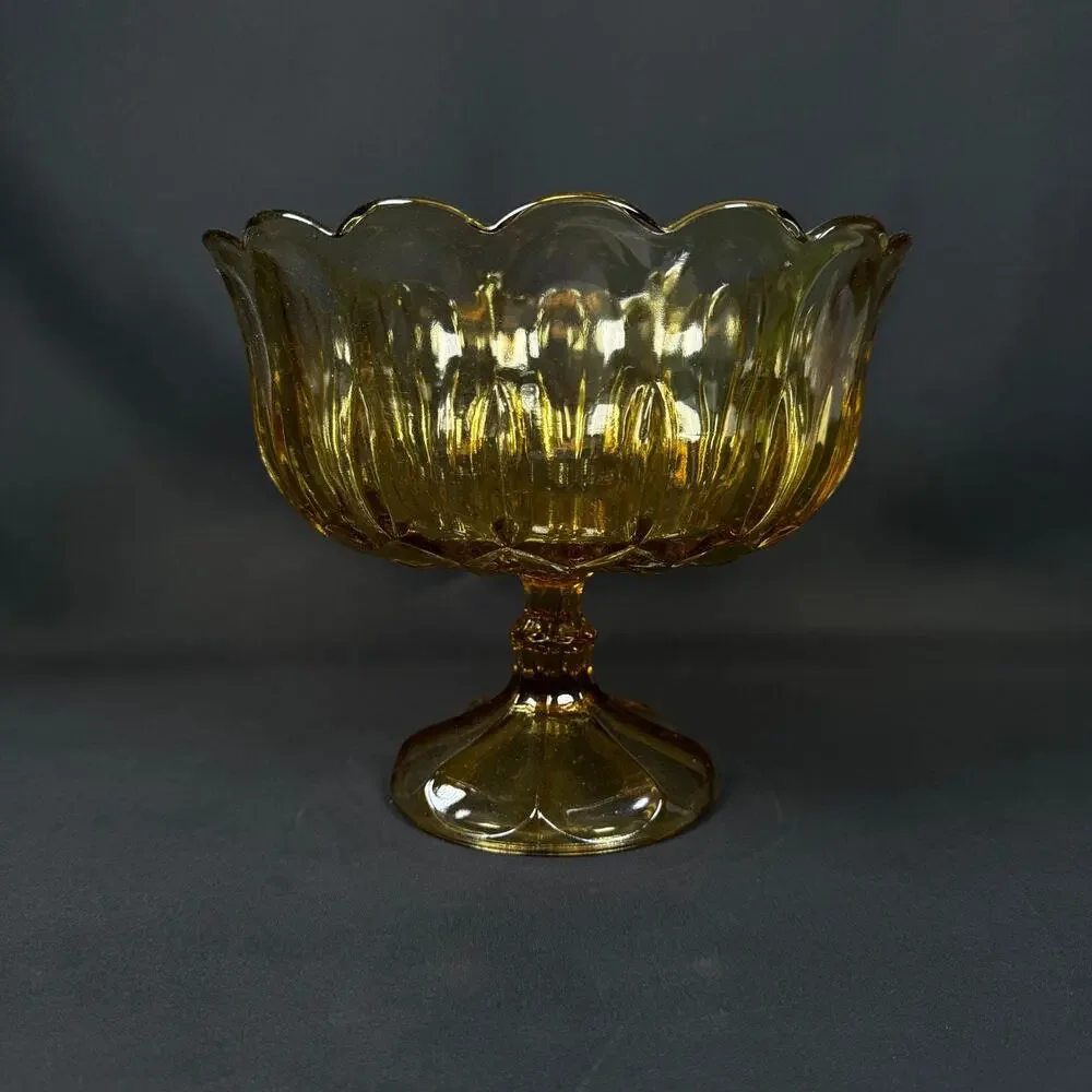 Vintage Amber Scalloped Edge Pedestal Bowl heavy weighted yellow glass